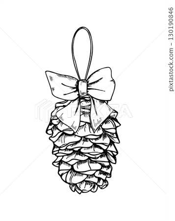 Pinecone or cedar cone with tied Satin bow for Christmas tree decor monochrome vector illustration. Etching drawing of Xmas decoration for winter holiday design, invitations, greeting cards 130190846