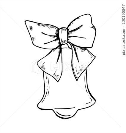 Decorative bell with tied textile bow vector illustration in doodle linear style. Hand drawn monochrome Xmas element graphic sketch for holiday gift wrapping, festive print 130190847