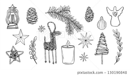 Christmas toys vector illustration clip art in Scandinavian linear style. Yule traditional wooden deer, tree, star, candle, balls, angel, lantern clip art. Xmas decoration set for holiday design Christmas toys vector illustration clip art in Scandinavian linear style. Yule traditional wooden deer, tree, star, candle, balls, angel, lantern clip art. Xmas decoration set for holiday design 130190848
