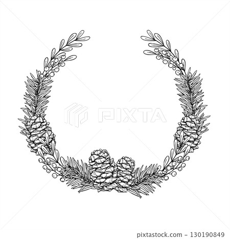 Christmas tree branches with cones monochrome vector wreath with copy space for text. Winter evergreen round frame. Holiday template with spruce twigs for greeting cards, invitations Christmas tree branches with cones monochrome vector wreath with copy space for text. Winter evergreen round frame. Holiday template with spruce twigs for greeting cards, invitations 130190849