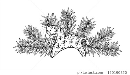 Scandinavian Christmas wooden toy horse with traditional patterns among pine twigs monochrome vector illustration. Home kid decor with Xmas tree branch for holiday cards, festive packaging Scandinavian Christmas wooden toy horse with traditional patterns among pine twigs monochrome vector illustration. Home kid decor with Xmas tree branch for holiday cards, festive packaging 130190850