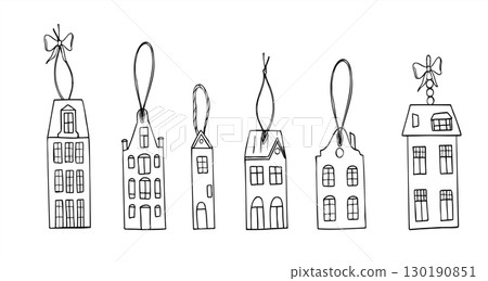 Gothic European houses as decor for Charismas tree monochrome vector set in linear style. Town silhouettes graphic sketch for vintage Xmas and New Year decor, fantasy themed design Gothic European houses as decor for Charismas tree monochrome vector set in linear style. Town silhouettes graphic sketch for vintage Xmas and New Year decor, fantasy themed design 130190851
