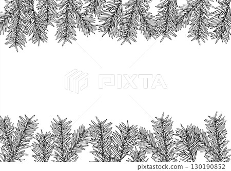 Monochrome vector Christmas tree branches horizontal rectangle frame. Spruce twigs border. Xmas vector template for winter holiday greeting cards, New Year invitations, decorations 130190852