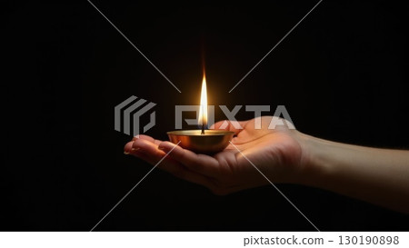 Minimalist Brass Diya Lighting Against Pure Black Background Symbolis. Dashahra, India. Minimalist Brass Diya Lighting Against Pure Black Background Symbolis. Dashahra, India. 130190898