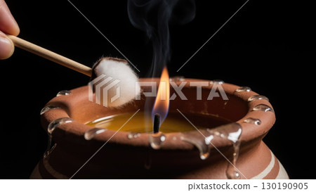 Macro Shot of Spark Igniting Wick on Diya Oil Lamp Moment of Light. Dashahra, India. Macro Shot of Spark Igniting Wick on Diya Oil Lamp Moment of Light. Dashahra, India. 130190905