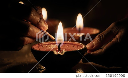 Close-Up of Hands Lighting Diya Oil Lamp Wick Against Dark Background. Dashahra, India, 130190908