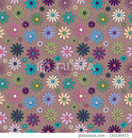 Seamless Floral Pattern with Colorful Hand Drawn Daisies on Brown Background Seamless Floral Pattern with Colorful Hand Drawn Daisies on Brown Background 130190915