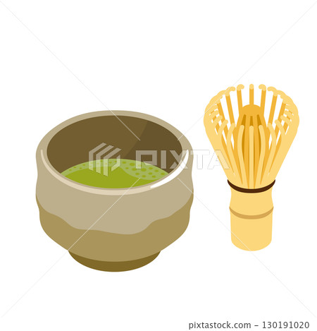 一組明亮的抹茶碗和竹拂塵 — 平面插圖 130191020