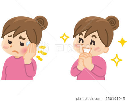 一位患有牙痛的年輕女子 一位笑容燦爛的年輕女子 130191045