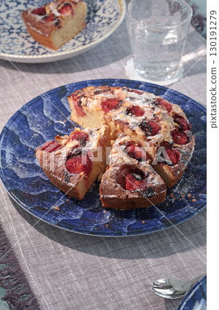 Strawberry cake on plate. Food and health. Dessert and table setting. 130191279