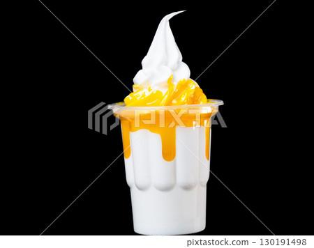 ice cream in cups with fruit syrup isolated 130191498