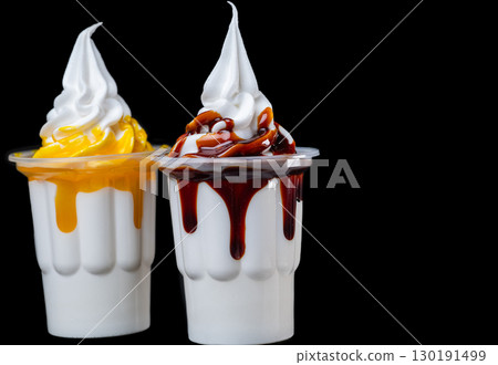 ice cream in cups with fruit syrup isolated ice cream in cups with fruit syrup isolated 130191499