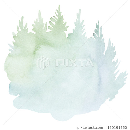 Hand drawn watercolor light green spruce or pine tree misty forest, winter isolated illustration 130191560