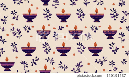 Repeating tile pattern featuring diya lamps and festive designs for Diwali celebrations 130191587