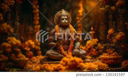 Beautiful Lord Hanuman statue adorned with flowers during Diwali celebrations 130191597