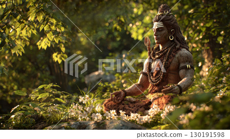 Beautiful statue of Lord Shiva meditating surrounded by nature during Diwali celebrations Beautiful statue of Lord Shiva meditating surrounded by nature during Diwali celebrations 130191598
