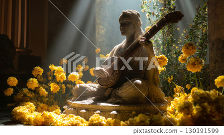 Beautiful statue of Goddess Maryam illuminated by diya lights during Diwali festival 130191599