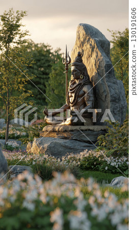 Lord Shiva seated on a rock amidst flowers in a tranquil garden during Diwali celebration Lord Shiva seated on a rock amidst flowers in a tranquil garden during Diwali celebration 130191606