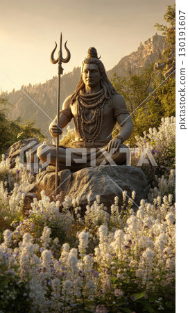 Stunning photorealistic statue of Lord Shiva seated amidst blooming flowers at sunrise Stunning photorealistic statue of Lord Shiva seated amidst blooming flowers at sunrise 130191607