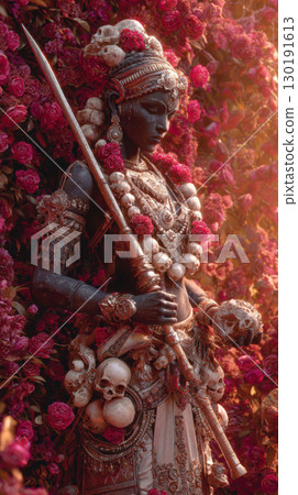 Kali Goddess statue adorned with flowers in temple during Diwali festival celebration 130191613