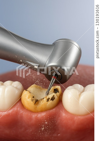 Dental drill removing tooth decay from molar during cavity preparation 130191616
