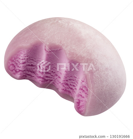 Pink mochi ice cream with purple creamy filling and bite mark isolated on white background 130191666