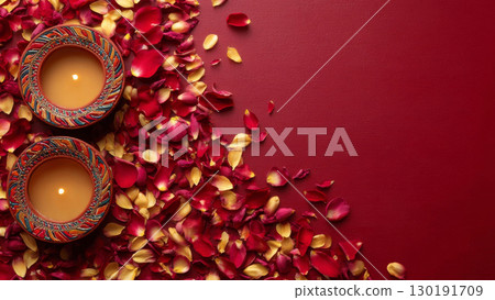 Traditional Diwali clay lamps surrounded by vibrant rose petals for festive celebrations 130191709