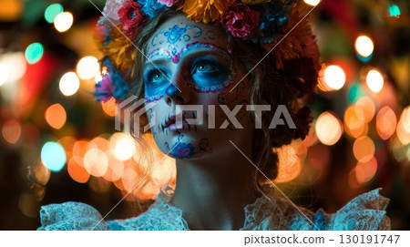 Close-up portrait of young woman celebrating Day of the Dead with vibrant makeup and floral headdress in Mexico 130191747