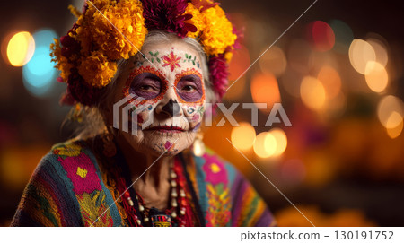 Portrait of an elderly Mexican woman dressed for Dia de Muertos celebration 130191752