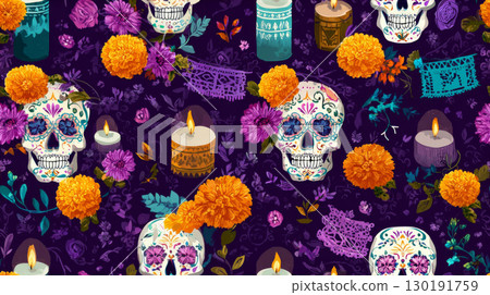 Colorful sugar skulls and marigolds create vibrant pattern for Day of the Dead celebration 130191759