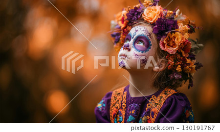 Portrait of a little girl with sugar skull face celebrating Day of the Dead in Mexico 130191767