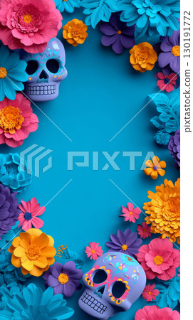 Vibrant decorations honoring Day of the Dead with colorful flowers and sugar skulls Vibrant decorations honoring Day of the Dead with colorful flowers and sugar skulls 130191772