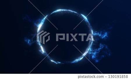 Abstract glowing blue sphere made of dispersing digital particles on dark background. Futuristic sci-fi illustration in high resolution. Abstract glowing blue sphere made of dispersing digital particles on dark background. Futuristic sci-fi illustration in high resolution. 130191858
