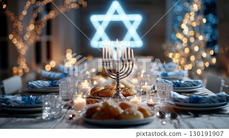 Festive dining table decorated for Hanukkah celebration with menorah and traditional foods 130191907