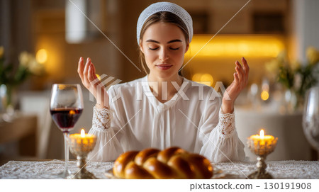 Jewish woman lights Shabbat candles and prepares for Hanukkah celebration with family at home 130191908