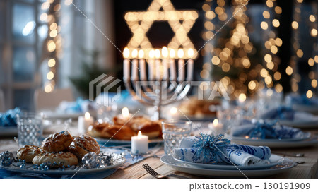 Festive Hanukkah dining table adorned with menorah and traditional foods in a cozy setting 130191909