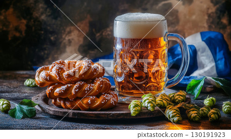 Celebrating Oktoberfest with traditional beer and pretzels in Bavaria 130191923