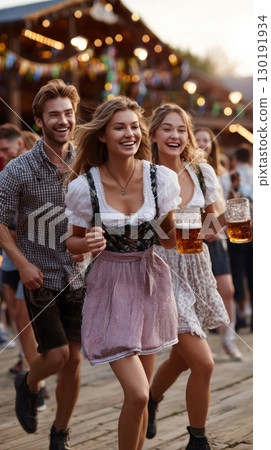 Cheerful friends enjoying traditional German festival with beer in Bavaria during Oktoberfest celebration 130191934