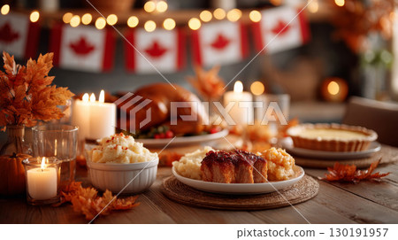 Thanksgiving dinner celebration with roast turkey and autumn decor in Canada 130191957