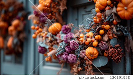 Festive fall wreath adorned with pumpkins and autumn leaves for Thanksgiving celebrations 130191958