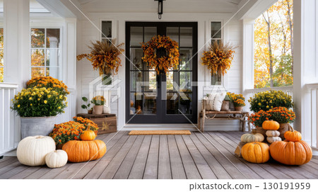 Elegant entrance adorned with a vibrant harvest wreath and pumpkins for Thanksgiving celebrations 130191959