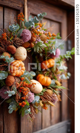 Festive fall wreath adorned with pumpkins and autumn leaves for Thanksgiving display on a rustic door 130191970
