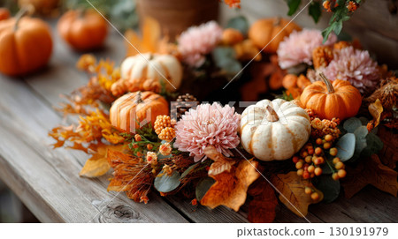 Festive Thanksgiving wreath adorned with autumn leaves and pumpkins on a rustic wooden table 130191979