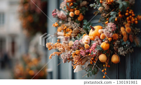Festive fall wreath adorned with pumpkins and autumn leaves perfect for Thanksgiving celebrations 130191981