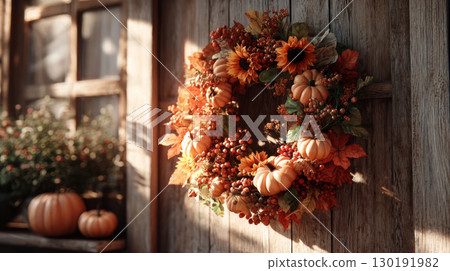 Thanksgiving wreath adorned with pumpkins and vibrant autumn leaves enhances holiday spirit in cozy setting 130191982