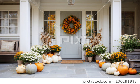 Elegant autumn entrance with a harvest wreath and colorful pumpkins for Thanksgiving celebration 130191983