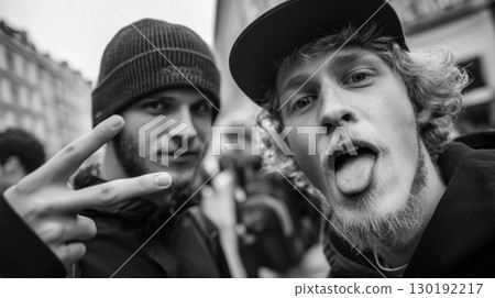 Two Friends Expressing Joyful Playfulness in a Lively Urban Setting 130192217