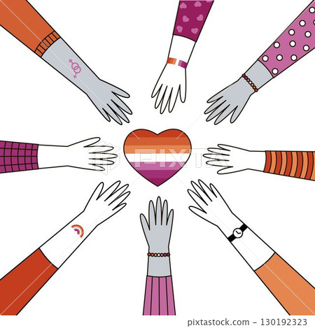 Vector illustration of diverse hands reaching towards a heart with the lesbian pride flag colors. 130192323