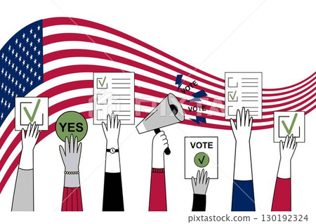 Hands with megaphone and ballot on American flag background Hands with megaphone and ballot on American flag background 130192324