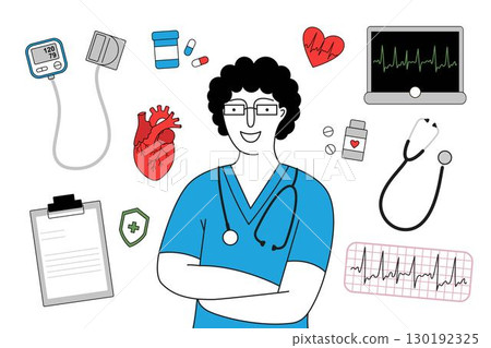 Vector illustration of a doctor with a stethoscope in close-up, surrounded by medical icons. 130192325